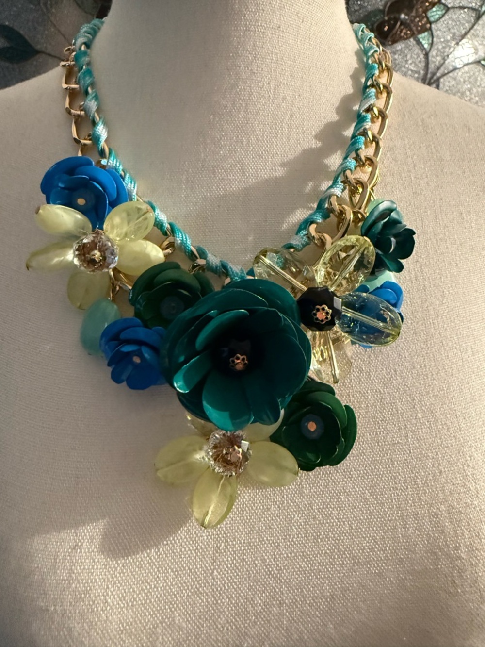 NWT ARATTA Statement Floral Cluster Necklace - Blue, Teal & Yellow - Picture 2 of 2